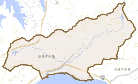 浜島町南張とその周辺の地図。町の範囲を重ねている