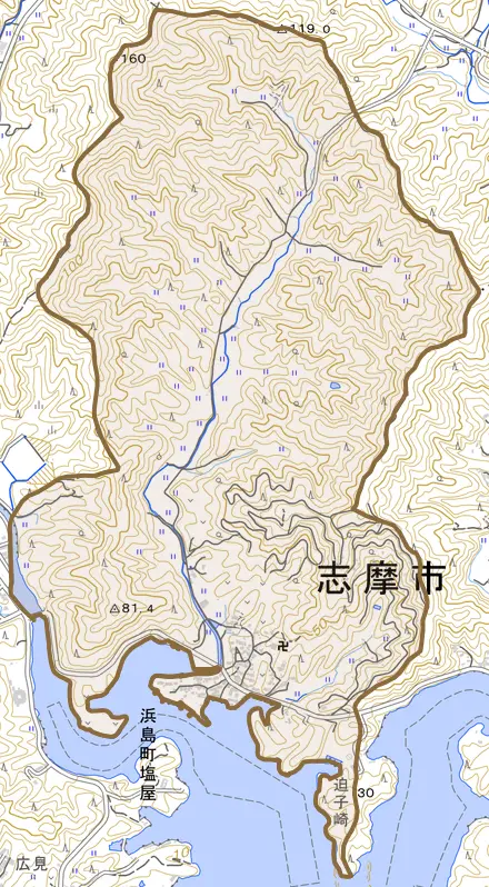 浜島町塩屋とその周辺の地図。町の範囲を重ねている
