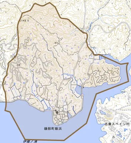 磯部町飯浜とその周辺の地図。町の範囲を重ねている