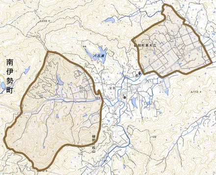 磯部町栗木広とその周辺の地図。町の範囲を重ねている