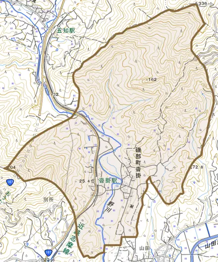 磯部町沓掛とその周辺の地図。町の範囲を重ねている