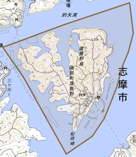 磯部町渡鹿野とその周辺の地図。町の範囲を重ねている