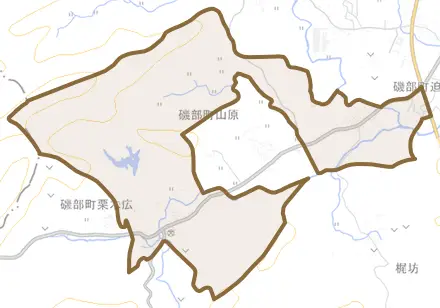 磯部町山原とその周辺の地図。町の範囲を重ねている