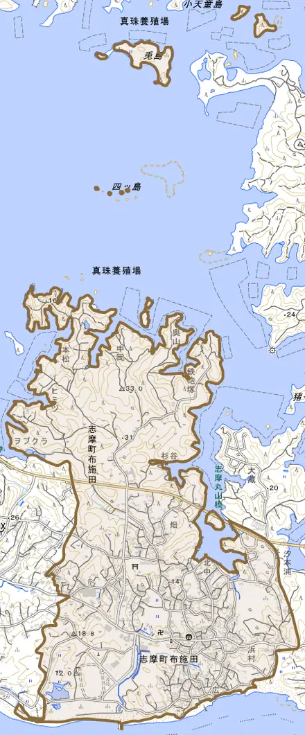 志摩町布施田とその周辺の地図。町の範囲を重ねている