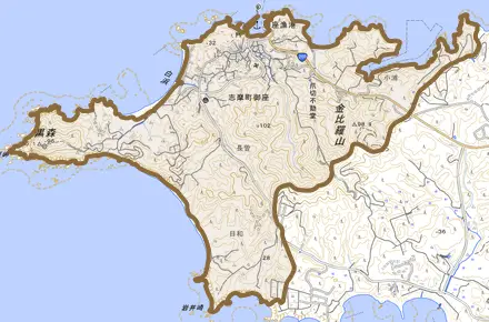 志摩町御座とその周辺の地図。町の範囲を重ねている