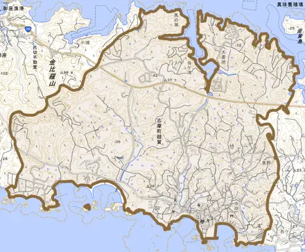 志摩町越賀とその周辺の地図。町の範囲を重ねている