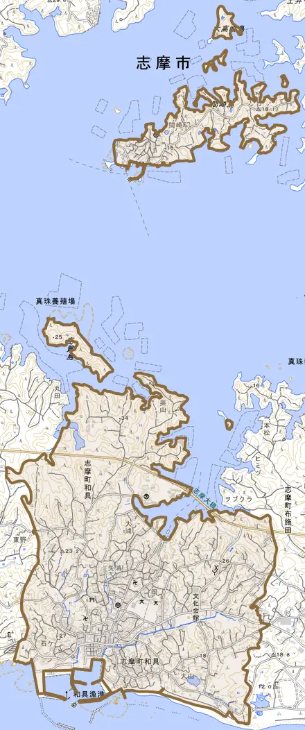志摩町和具とその周辺の地図。町の範囲を重ねている