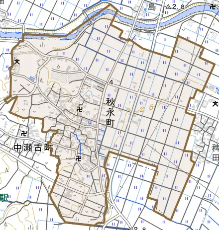 秋永町とその周辺の地図。町の範囲を重ねている