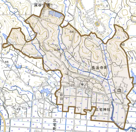 長法寺町とその周辺の地図。町の範囲を重ねている