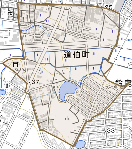 道伯町とその周辺の地図。町の範囲を重ねている