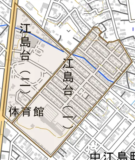 江島台とその周辺の地図。町の範囲を重ねている