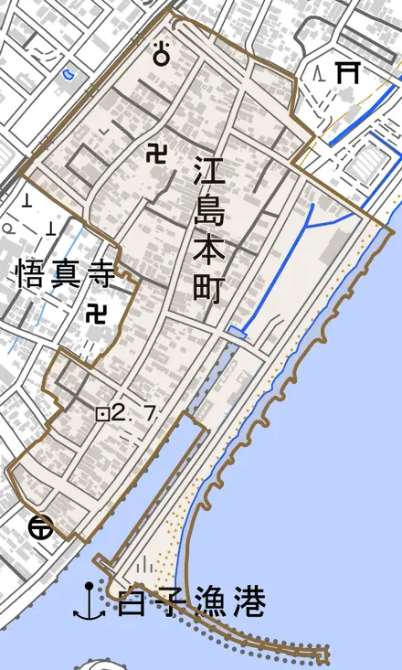 江島本町とその周辺の地図。町の範囲を重ねている