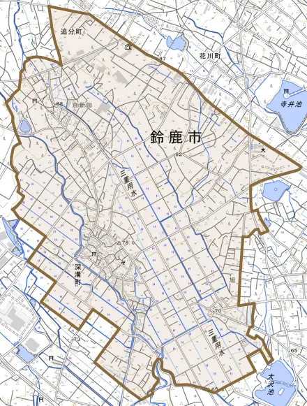 深溝町とその周辺の地図。町の範囲を重ねている