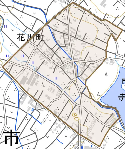 花川町とその周辺の地図。町の範囲を重ねている