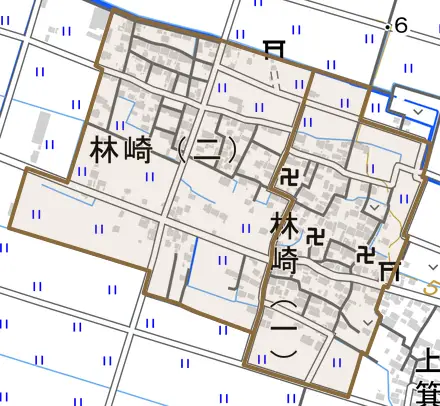 林崎とその周辺の地図。町の範囲を重ねている