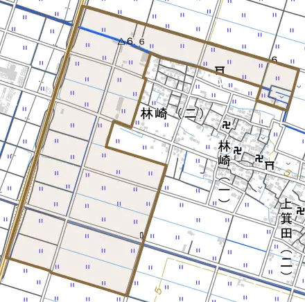 林崎町とその周辺の地図。町の範囲を重ねている