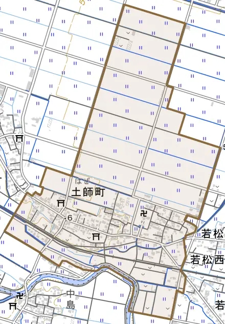土師町とその周辺の地図。町の範囲を重ねている