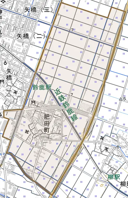 肥田町とその周辺の地図。町の範囲を重ねている