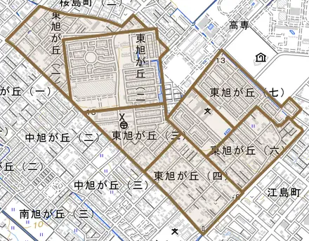 東旭が丘とその周辺の地図。町の範囲を重ねている