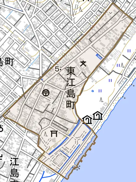 東江島町とその周辺の地図。町の範囲を重ねている