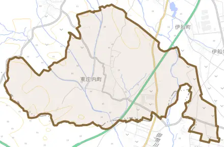 東庄内町とその周辺の地図。町の範囲を重ねている