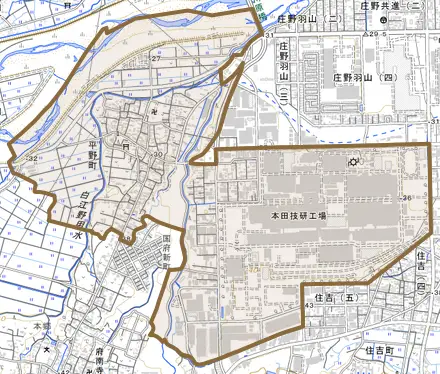 平野町とその周辺の地図。町の範囲を重ねている