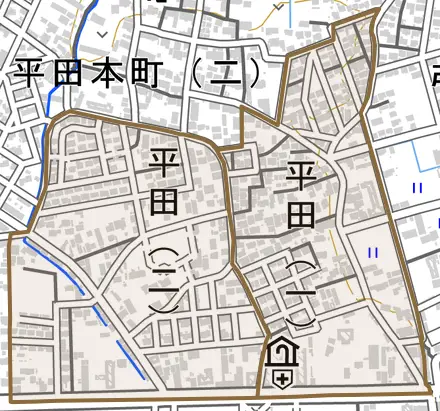 平田とその周辺の地図。町の範囲を重ねている