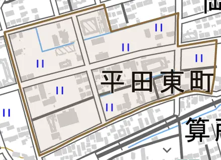 平田東町とその周辺の地図。町の範囲を重ねている