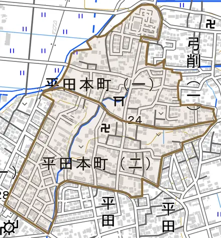 平田本町とその周辺の地図。町の範囲を重ねている