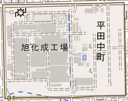 平田中町とその周辺の地図。町の範囲を重ねている