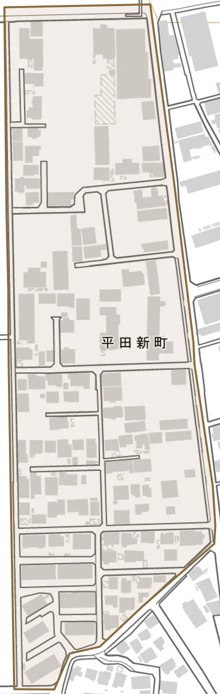 平田新町とその周辺の地図。町の範囲を重ねている