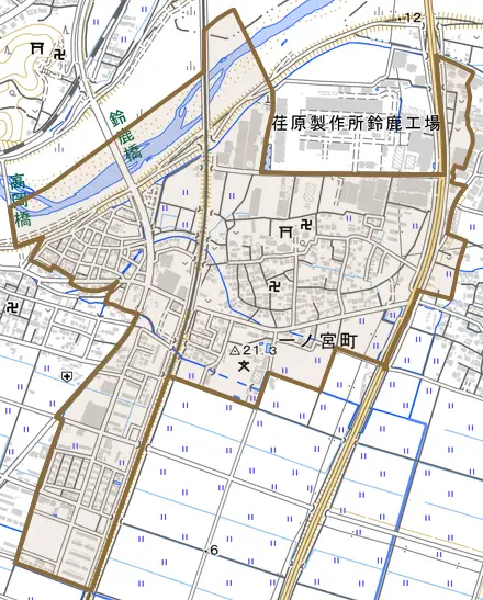 一ノ宮町とその周辺の地図。町の範囲を重ねている