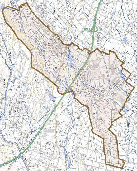 伊船町とその周辺の地図。町の範囲を重ねている