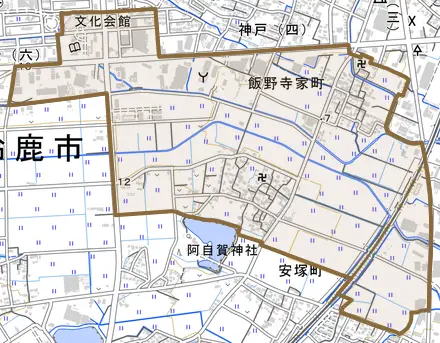 飯野寺家町とその周辺の地図。町の範囲を重ねている