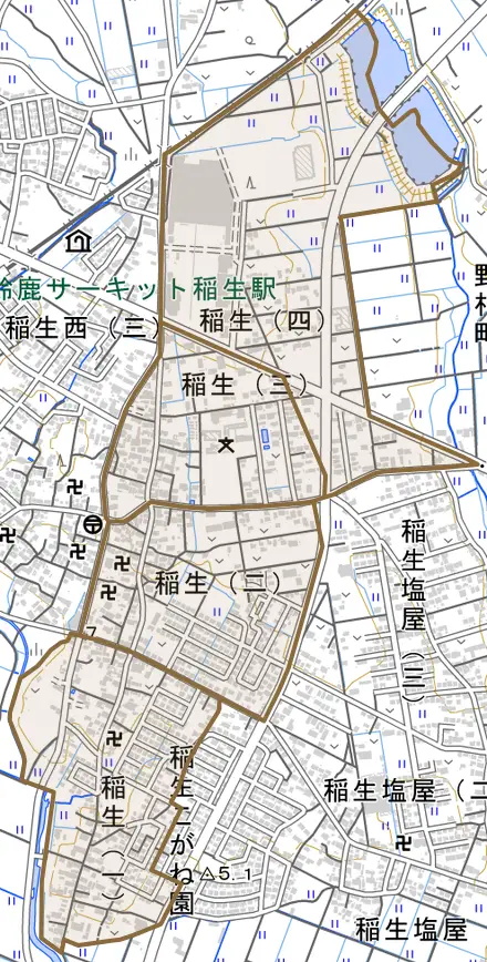 稲生とその周辺の地図。町の範囲を重ねている