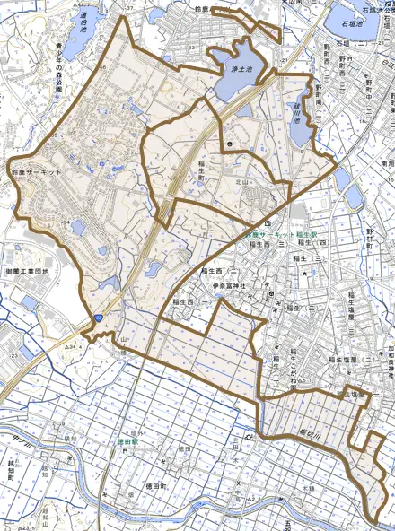 稲生町とその周辺の地図。町の範囲を重ねている