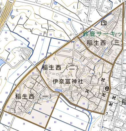 稲生西とその周辺の地図。町の範囲を重ねている