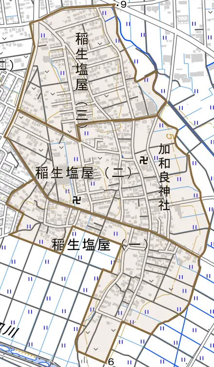 稲生塩屋とその周辺の地図。町の範囲を重ねている
