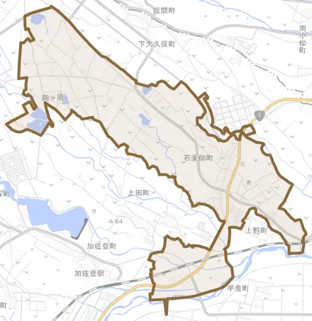 石薬師町とその周辺の地図。町の範囲を重ねている