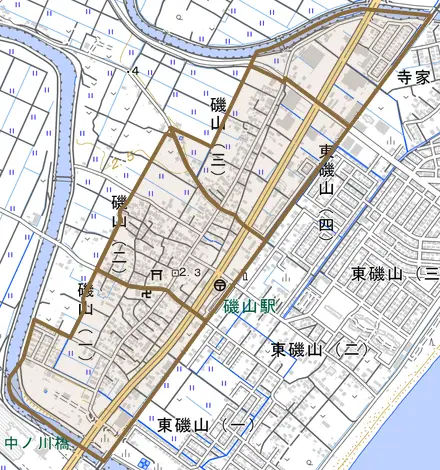 磯山とその周辺の地図。町の範囲を重ねている