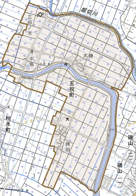 五祝町とその周辺の地図。町の範囲を重ねている