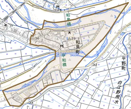 和泉町とその周辺の地図。町の範囲を重ねている
