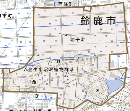 地子町とその周辺の地図。町の範囲を重ねている