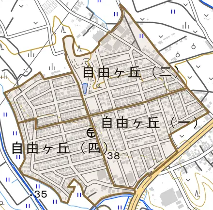 自由ヶ丘とその周辺の地図。町の範囲を重ねている