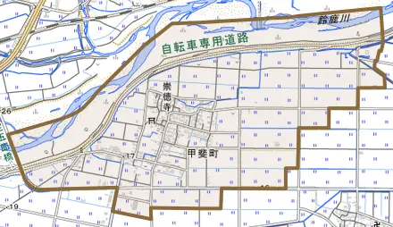 甲斐町とその周辺の地図。町の範囲を重ねている