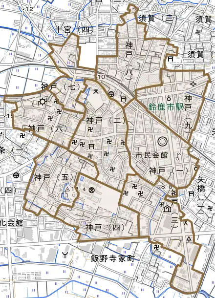 神戸とその周辺の地図。町の範囲を重ねている
