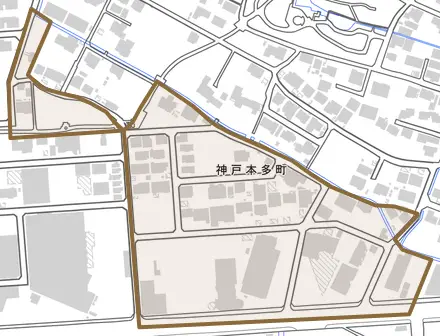神戸本多町とその周辺の地図。町の範囲を重ねている