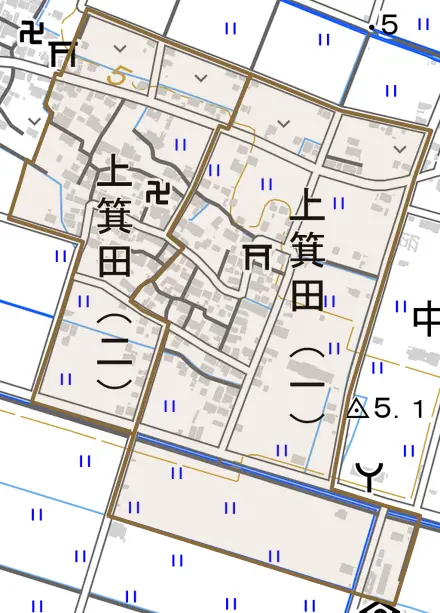 上箕田とその周辺の地図。町の範囲を重ねている