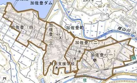 加佐登とその周辺の地図。町の範囲を重ねている