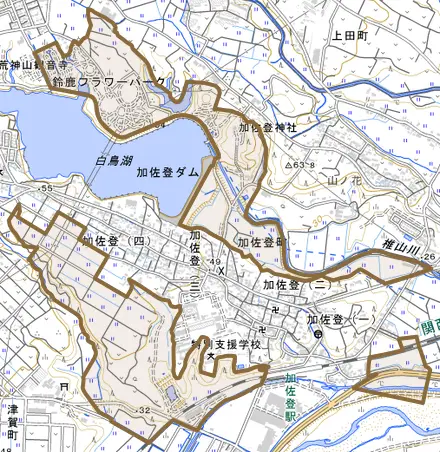加佐登町とその周辺の地図。町の範囲を重ねている